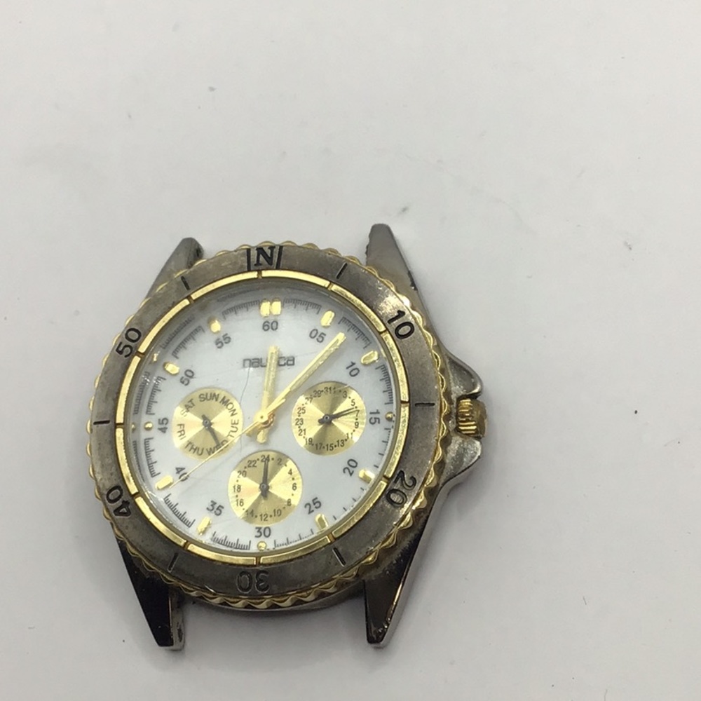 Vintage Nautica Chronograph Men’s Watch White Dial Gold Accents Not Running